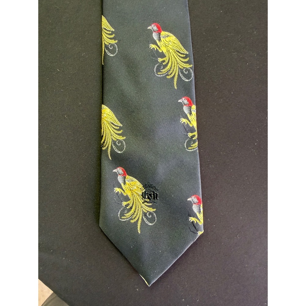 Oleg Cassini Vintage Pheasant Tie Gray Bird Embroidered Wide Silk Blend 4in Mens